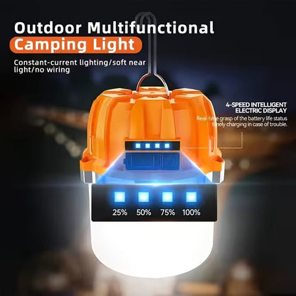 Lanterne de camping LED rechargeable par USB avec batterie externe intégrée, lampe de tente portable ultra-lumineuse pour camping, barbecue, terrasse, extérieur et urgences, recharge les téléphones portables, design autoportant et suspendu