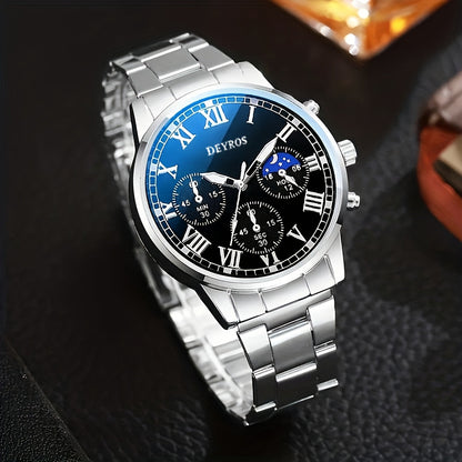 Ensemble montre chronographe à quartz pour homme en acier inoxydable avec collier et bracelet – Coffret cadeau bijoux 3 pièces avec heure universelle, style business pour événements formels professionnels