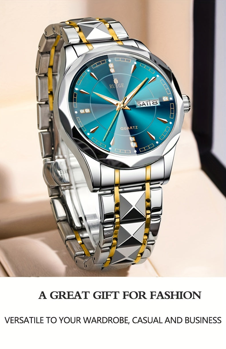 Montre à quartz pour homme RUIGE – Veilleuse, double calendrier, cadran à facettes façon diamant, boîtier en acier inoxydable, bracelet en alliage, montre-bracelet business décontracté, cadeau idéal pour la fête des pères