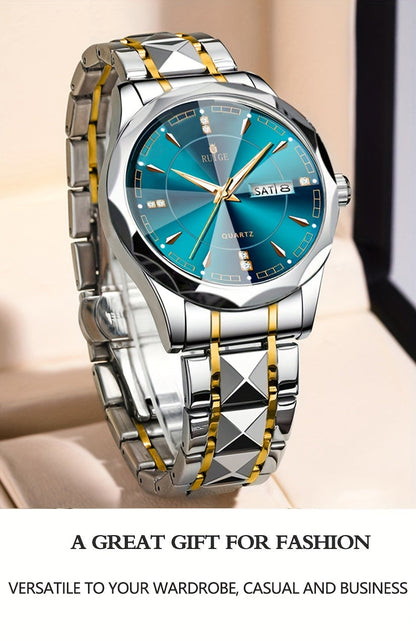 Montre à quartz pour homme RUIGE – Veilleuse, double calendrier, cadran à facettes façon diamant, boîtier en acier inoxydable, bracelet en alliage, montre-bracelet business décontracté, cadeau idéal pour la fête des pères