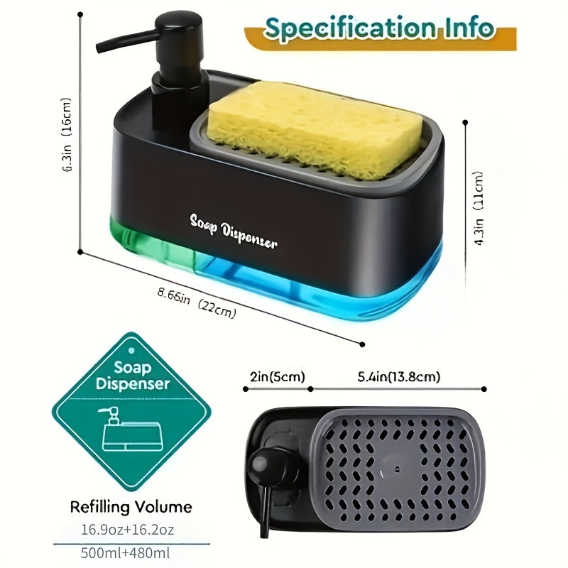 Distributeur de savon 2-en-1 avec porte-éponge intégré pour évier de cuisine – Distributeur à pompe pour comptoir pour savon à mains et vaisselle, distributeur de détergent, recharge facile, organisateur de cuisine idéal