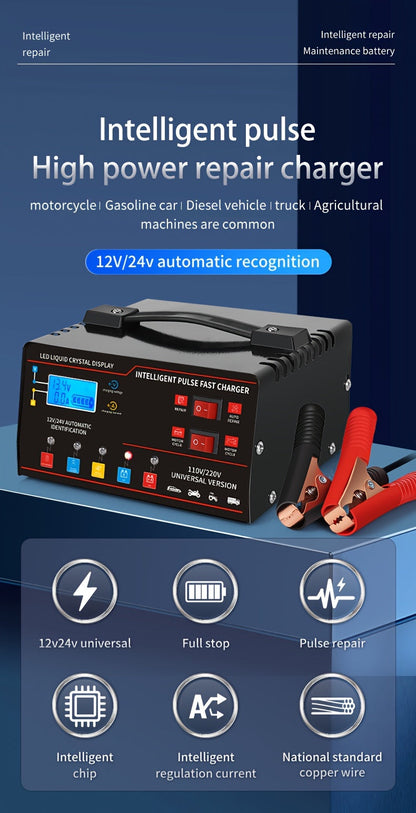 Chargeur de batterie universel intelligent 12V 24V avec écran LCD, réparation par impulsion, maintien de charge pour voiture, camion, moto, bateau, tondeuse à gazon, moissonneuse – Régulation automatique de la température