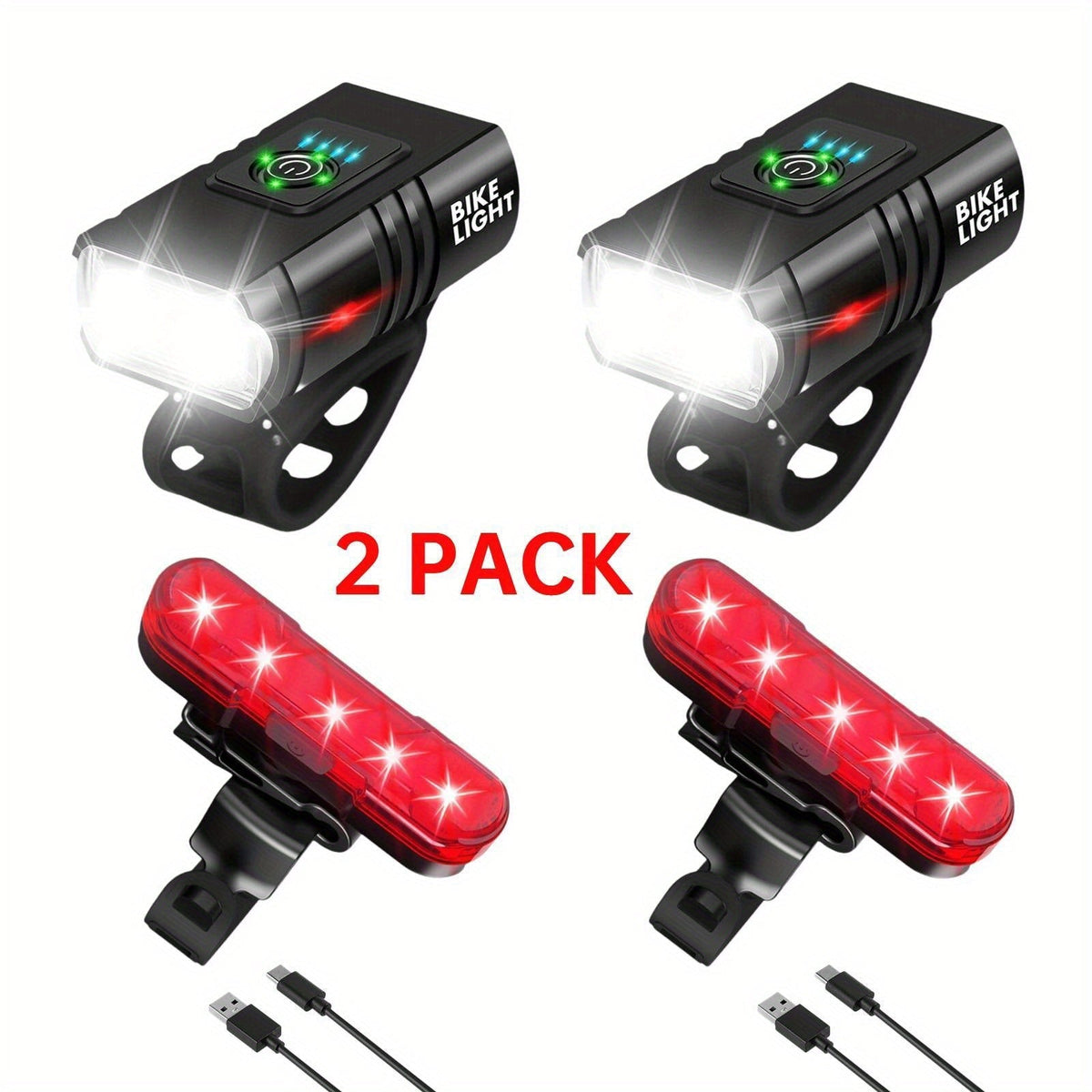 Ensemble de lumières de vélo LED rechargeables USB-C 1500 lumens – Feux avant et arrière pour vélo, 6+4 modes, étanches, indicateur de charge, charge rapide, éclairage de sécurité nocturne pour vélo de route et VTT