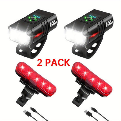Ensemble de lumières de vélo LED rechargeables USB-C 1500 lumens – Feux avant et arrière pour vélo, 6+4 modes, étanches, indicateur de charge, charge rapide, éclairage de sécurité nocturne pour vélo de route et VTT