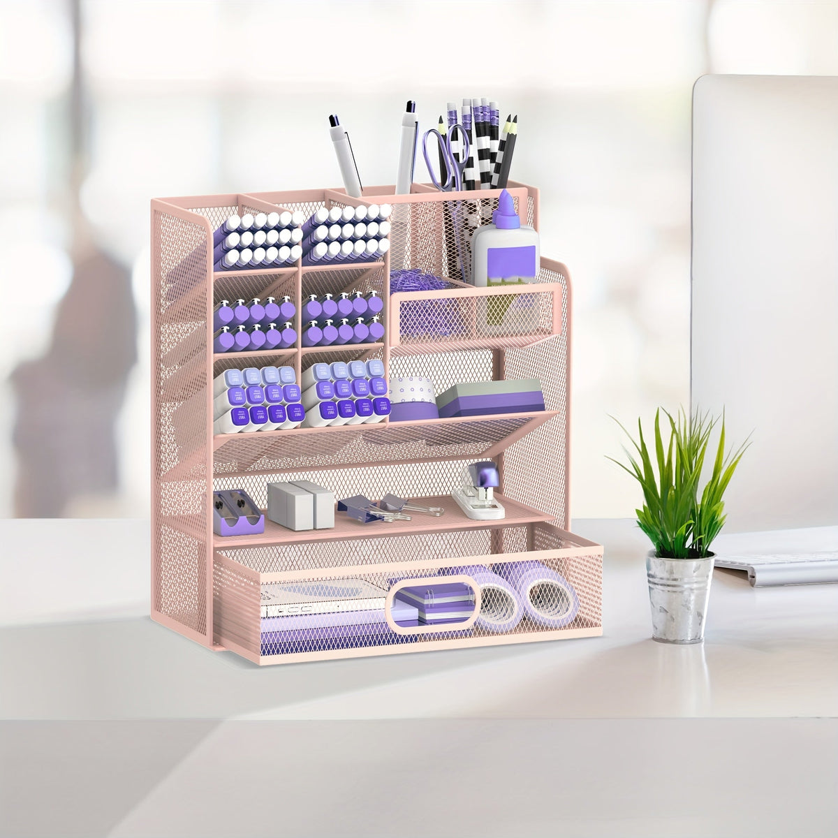 Organisateur de bureau en maille avec tiroir et porte-stylo – Rangement pour crayons pour bureau, école et atelier d'art, design en maille respirante, disponible en noir, jaune et bleu
