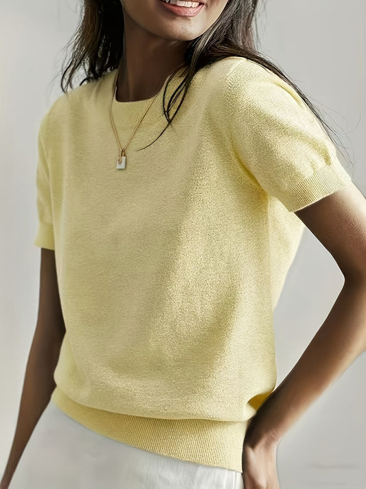 Haut pull-over minimaliste à manches courtes et col rond pour femme, en tricot hautement extensible, couleur unie - Basique décontracté, léger et quotidien pour le printemps et l'été en extérieur
