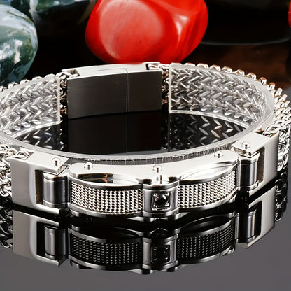 Bracelet de motard hip-hop pour homme en acier inoxydable, style punk rock, avec fermoir magnétique et pierres synthétiques, bijou pour soirée en boîte de nuit ou mariage