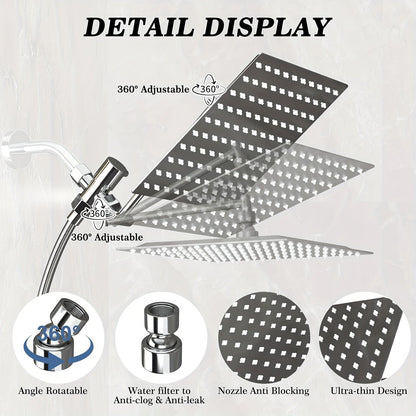 Combiné douche de tête haute pression et douchette à main, bras d'extension de 11 pouces, 9 réglages, anti-fuite, hauteur réglable, chrome noir mat
