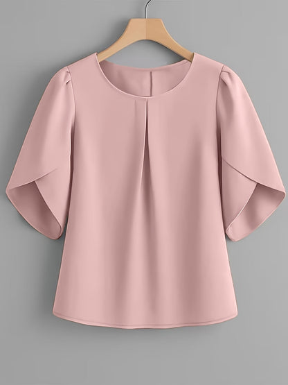 Chemisier femme à manches courtes, col rond, poignets à volants et plis sur la poitrine – Haut élégant en tissu 100 % polyester, semi-transparent, avec manches fendues
