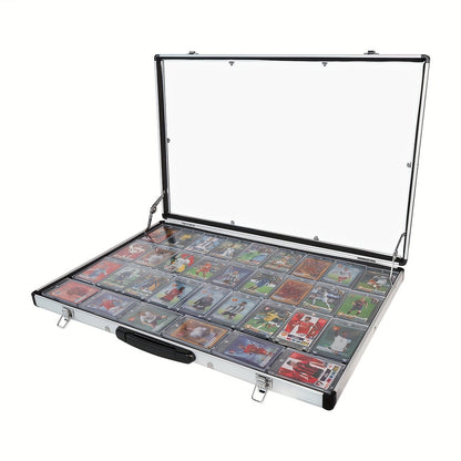 Aluminum Trading Card Display Case Lockable Portable Collector Showcase Box with Carry Handle for Pokemon MTG Sports Cards Pins Jewelry Photos Collectibles Silver Black