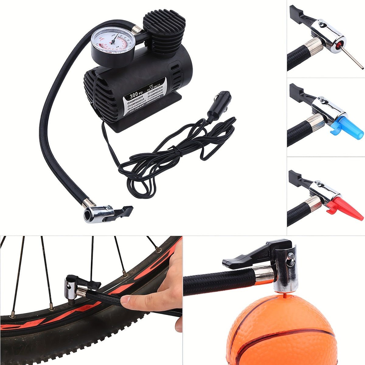 Compresseur d'air compact 12V 300 PSI – Gonfleur de pneus portable pour voitures, vélos, motos et ballons, se branche sur l'allume-cigare, sans batterie nécessaire | Velora