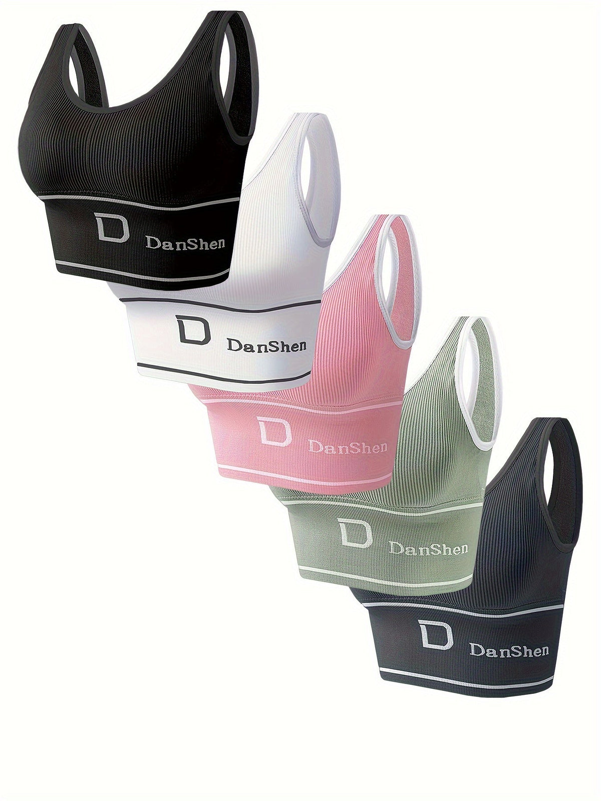 Lot de 5 brassières de sport sans fil – Brassière en nylon haute élasticité à couvrance totale pour yoga, course à pied, salle de sport, respirante et lavable en machine, couleurs assorties, imprimé DANSHEER, pack de brassières de sport pour femmes