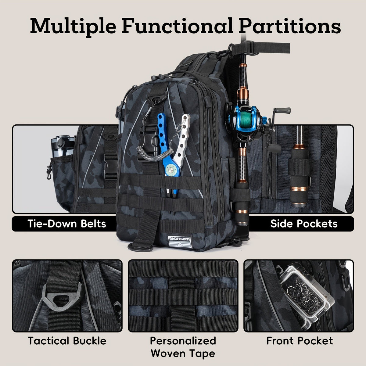 Sac à dos de pêche avec porte-canne – Sac bandoulière imperméable pour randonnée, pêche à la mouche, rangement de boîte à pêche, cadeau pour papa pêcheur