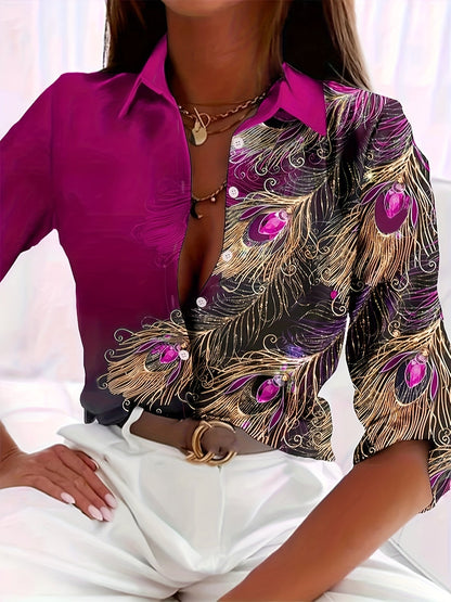 Chemisier élégant pour femme à imprimé paon et boutonnage sur le devant | Chemise en polyester tissé turquoise et doré à col classique pour le bureau, les fêtes et toute saison