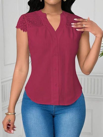 Women's Elegant Lace Patchwork Blouse – V-Neck Striped Semi-Sheer Woven Top for Summer, Casual & Weekend Wear