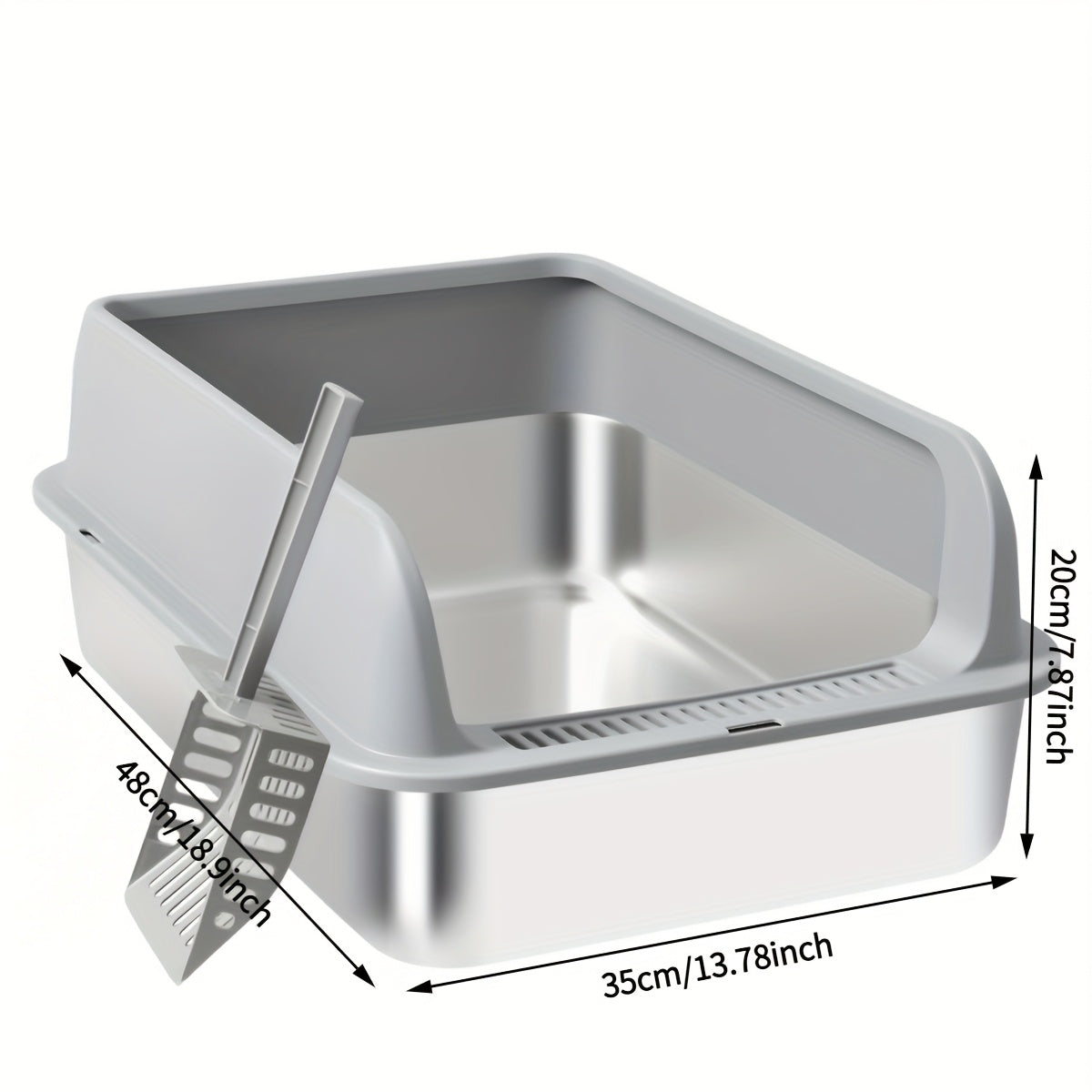 Bac à litière pour chat en acier inoxydable à bords hauts, bac anti-fuites avec pelle et plateau de tamisage, résistant à la rouille, anti-odeurs, anti-adhésif, facile à nettoyer, toilettes pour chats d'intérieur, taille moyenne à grande