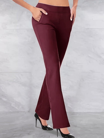 Pantalon femme taille haute évasé et stretch | Pantalon jambes larges à taille élastique avec poches décontracté élégant printemps été pantalon long