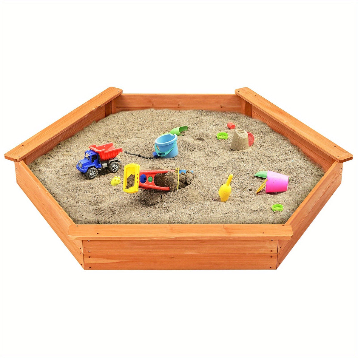 Bac à sable hexagonal en bois de cèdre pour enfants avec couvercle en tissu Oxford résistant aux intempéries, trois bancs et tapis de sol, 185 x 163 cm, pour jardins, cours et plages, convient à 4 à 6 enfants, couleur naturelle