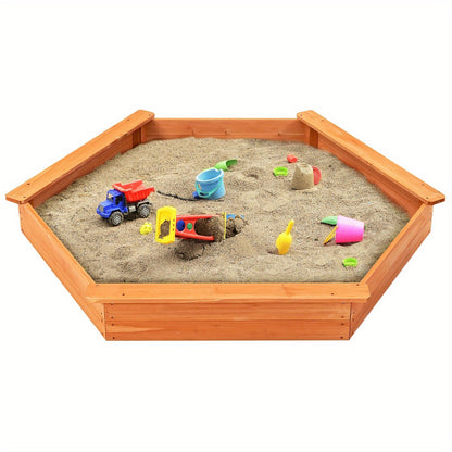 Bac à sable hexagonal en bois de cèdre pour enfants avec couvercle en tissu Oxford résistant aux intempéries, trois bancs et tapis de sol, 185 x 163 cm, pour jardins, cours et plages, convient à 4 à 6 enfants, couleur naturelle