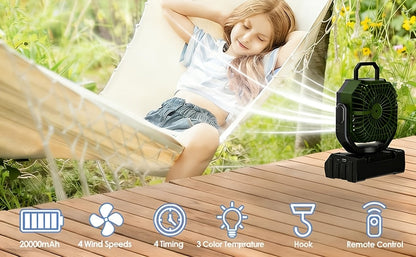 Ventilateur de camping 20000mAh avec télécommande, éclairage LED, oscillation, 4 vitesses, minuterie et batterie externe - Ventilateur de tente rechargeable pour le camping, le pique-nique, le barbecue et la pêche en plein air