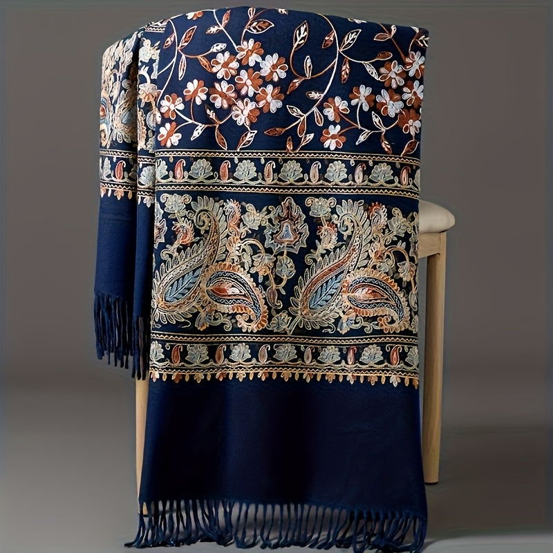 Châle en cachemire bohème pour femme – Broderie cachemire vintage avec pompons, étole légère et chaude pour le printemps et l'automne, 6 couleurs, lavable à la main, pour tenues décontractées et habillées