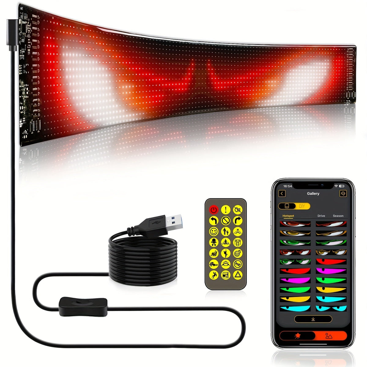 Panneau d'affichage LED matriciel flexible 16x96 – Enseigne défilante RVB programmable avec application et télécommande, alimentée par USB, éclairage animé DIY pour boutique, magasin, hôtel, voiture, décoration intérieure
