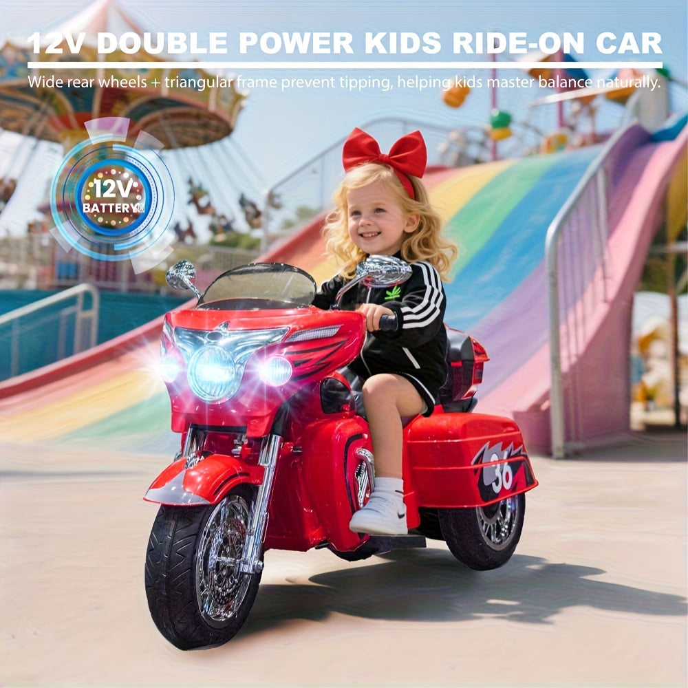 Moto électrique pour enfants 12V à 2 places avec 3 roues, Bluetooth, USB, lumières LED et coffre de rangement, sûre et durable, pour garçons et filles de 3 à 8 ans, cadeau d'anniversaire et de Noël, noir, blanc, rouge
