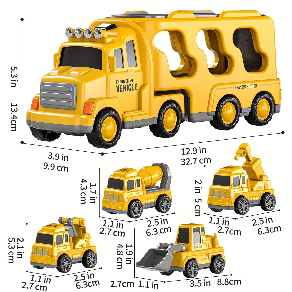 Ensemble de 5 véhicules de chantier pour enfants de 2 ans et plus - Camions de construction à friction avec véhicule de transport, cadeau d'anniversaire ou de Noël pour tout-petits, couleurs des accessoires aléatoires