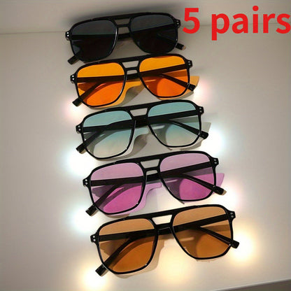 Lot de 5 paires de lunettes de soleil carrées style pilote, monture large en polycarbonate, protection UV, lunettes tendance et décontractées unisexes pour hommes et femmes, monture noire, verres multicolores