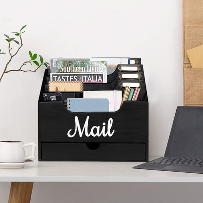 Grand organisateur de courrier de bureau en bois massif avec tiroir, 4 compartiments et séparateurs étiquetables pour dossiers, lettres et papier, organisateur de bureau pour bureau à domicile, étudiants et professionnels