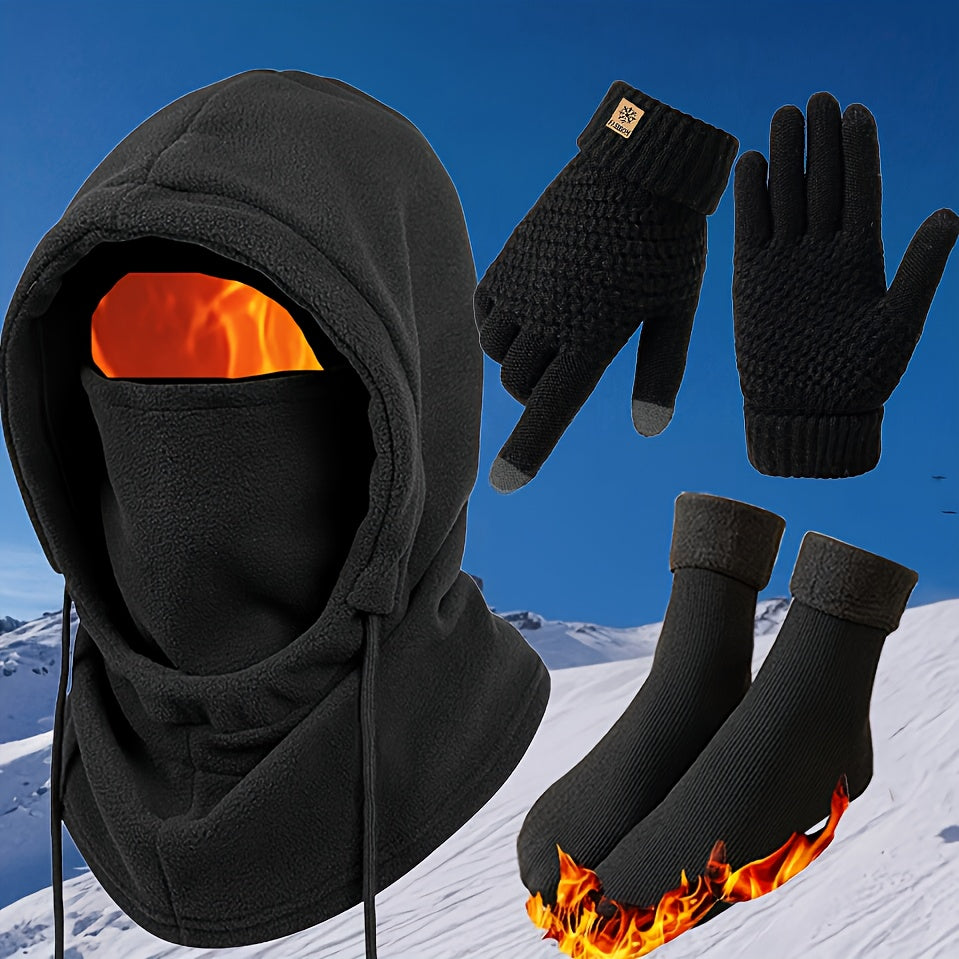 Ensemble thermique d'hiver 3/4 pièces, masque coupe-vent, gants tactiles, chaussettes en polaire épaisse, équipement grand froid pour snowboard, ski, randonnée, pêche sur glace – Lot d'accessoires d'extérieur chauds et légers