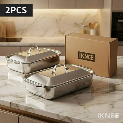 Ensemble de 4 plats de cuisson en acier inoxydable – 2 plats à rôtir profonds et 2 plats avec couvercle et poignées, plat rectangulaire de 6 litres et 41 cm pour dinde, lasagnes, poisson et poulet, compatible lave-vaisselle