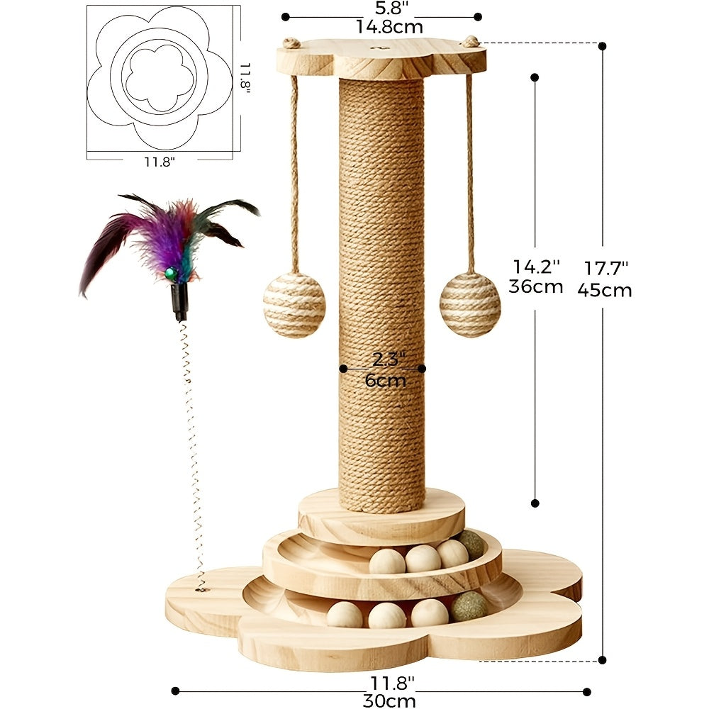 Arbre à chat 4-en-1 avec griffoir en sisal, jouet à plume, circuit à balles à deux niveaux et 6 balles en bois – Centre d'activité en bois massif anti-basculement pour chats d'intérieur, chatons et foyers multi-chats