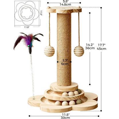 Arbre à chat 4-en-1 avec griffoir en sisal, jouet à plume, circuit à balles à deux niveaux et 6 balles en bois – Centre d'activité en bois massif anti-basculement pour chats d'intérieur, chatons et foyers multi-chats