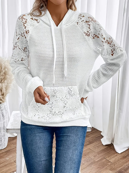 Women's Lace-Trim Hooded Raglan Sleeve Pullover Top – Casual Fashion Knit Hoodie 95% Polyester Stretch Comfortable Everyday Shirt