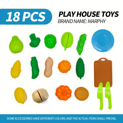 18pcs Cutting Fruit & Vegetable Kitchen Toy Set – Simulation Play Food Cutting Set for Kids, Pretend Play Cooking Toy for Skills Development, Birthday Gift for Boys & Girls Ages 3+ (Random Color)