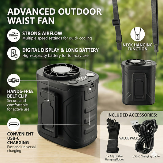 Ventilateur portable pour cou et taille, moteur sans balais 18 000 tr/min – 199 vitesses réglables, batterie 5 000 mAh, affichage LED, ventilateur mains libres pour le travail en extérieur, le camping, la pêche, la randonnée et les voyages