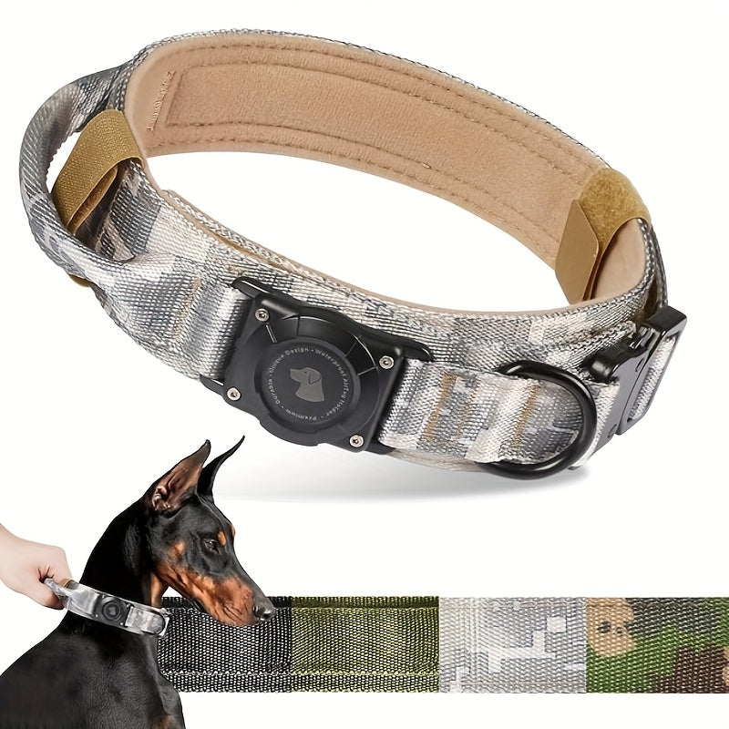 Collier tactique pour chien avec support AirTag et poignée – Nylon PC robuste, réglable M/L/XL pour chiens moyens et grands, collier de dressage de style militaire avec poignée de contrôle
