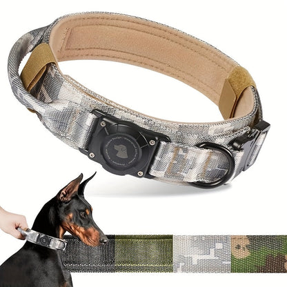 Collier tactique pour chien avec support AirTag et poignée – Nylon PC robuste, réglable M/L/XL pour chiens moyens et grands, collier de dressage de style militaire avec poignée de contrôle