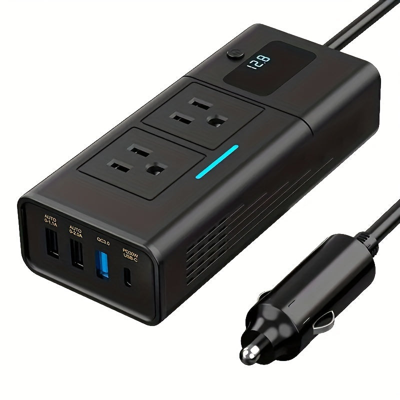 Onduleur de voiture 200W 12V vers 110V AC – Convertisseur DC vers AC avec USB-C, charge rapide QC3.0 et deux ports USB, adaptateur de prise de voiture pour ordinateur portable, téléphone, camping et voyages (aucune batterie requise)