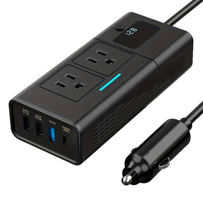 Onduleur de voiture 200W 12V vers 110V AC – Convertisseur DC vers AC avec USB-C, charge rapide QC3.0 et deux ports USB, adaptateur de prise de voiture pour ordinateur portable, téléphone, camping et voyages (aucune batterie requise)