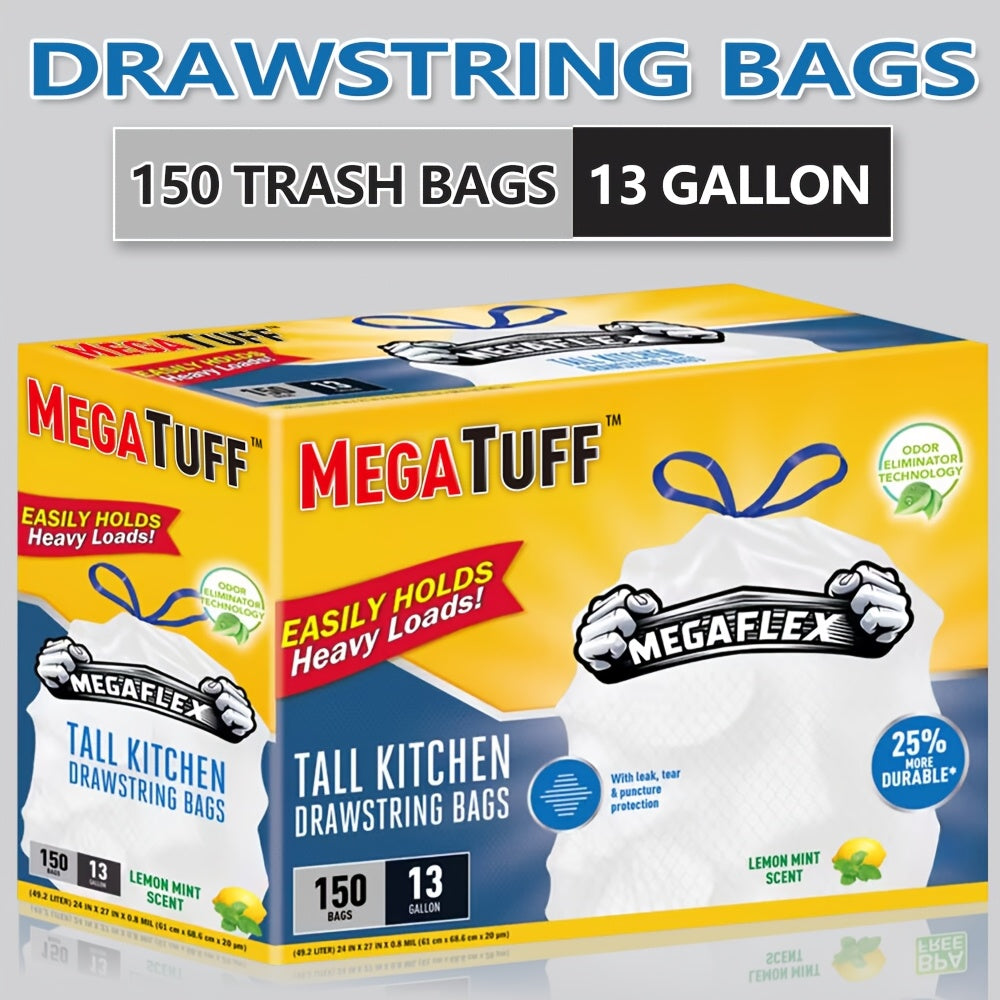 Sacs poubelle de cuisine de 50 litres avec liens coulissants et neutralisateur d'odeurs – Sacs jetables résistants aux perforations et aux déchirures, parfum frais menthe et citron, disponibles en boîtes de 78 et 150 unités