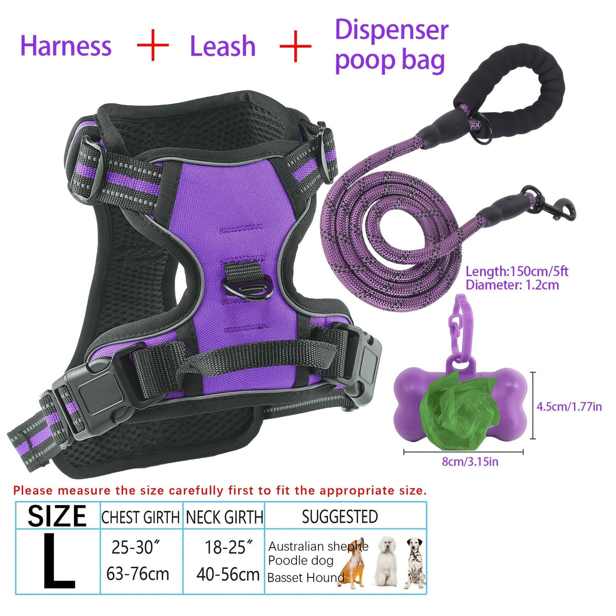 Ensemble harnais et laisse pour chien 4 pièces, gilet réfléchissant en Oxford anti-traction et anti-étranglement avec laisse, distributeur de sacs à déjections et poignée de contrôle facile, pour chiens moyens et grands, dressage et promenade en extérieur