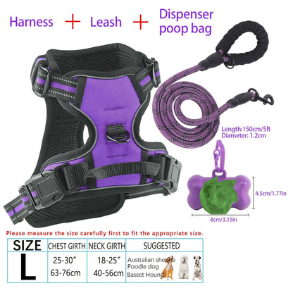 Ensemble harnais et laisse pour chien 4 pièces, gilet réfléchissant en Oxford anti-traction et anti-étranglement avec laisse, distributeur de sacs à déjections et poignée de contrôle facile, pour chiens moyens et grands, dressage et promenade en extérieur
