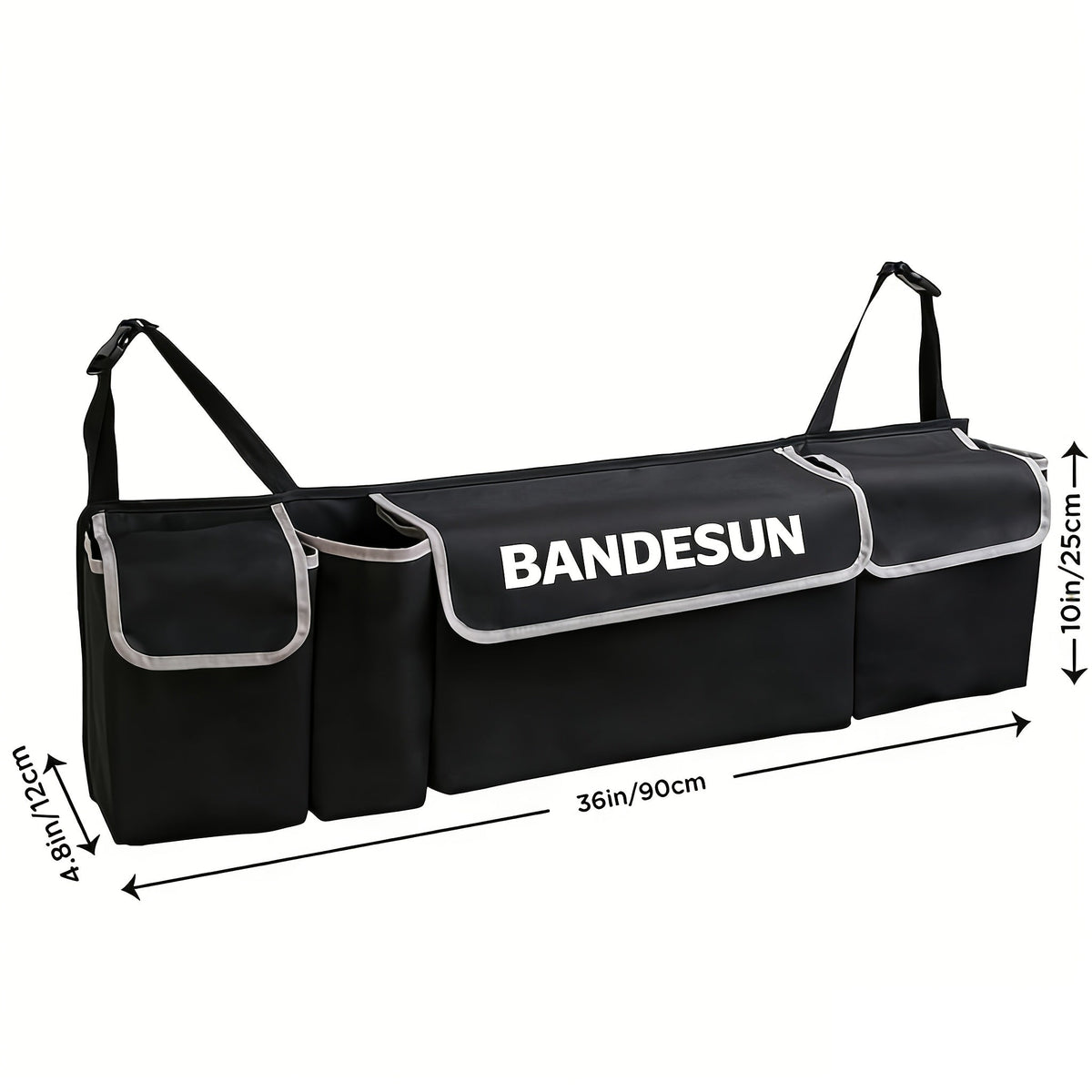 Organisateur de coffre de voiture à suspendre au siège arrière avec 4 poches, sac de rangement pliable pour SUV, camion, monospace et fourgon – Organisateur de rangement intérieur noir à poches multiples pour les voyages et l'usage quotidien