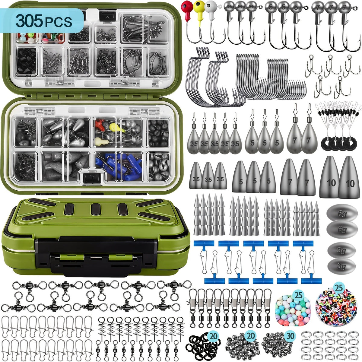 Kit d'équipement de pêche 132 à 405 pièces – Ensemble complet d'accessoires de pêche avec boîte, hameçons, poids, plombs et cuillers pour la pêche en eau douce au bar, à la truite, au crapet et au crappé