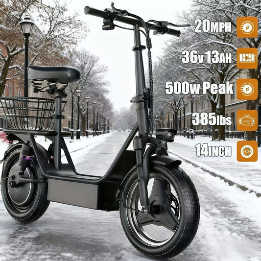 Trottinette électrique avec siège – Autonomie de 48 km, 32 km/h, pneus gonflables de 14 pouces, double suspension, siège et guidon réglables en hauteur, panier avant et double frein – Trottinette urbaine robuste pour adultes