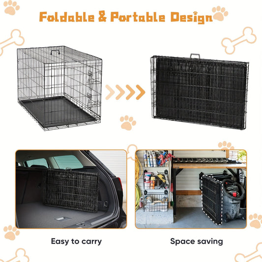 Cage pour chien en métal pliable, double porte avec panneau de séparation et plateau étanche, chenil pour animaux de compagnie intérieur/extérieur, voyage, 4 tailles (petit, moyen, grand, très grand)
