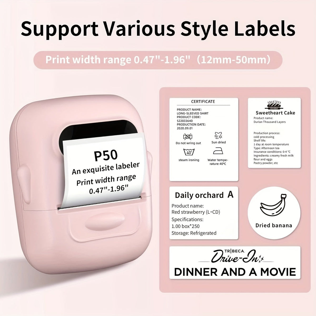Étiqueteuse thermique sans fil – Aucune encre requise, modèles multiples, imprimante d'étiquettes Bluetooth pour l'organisation du rangement, fournitures de bureau, d'école et de maison, rose, blanc, bleu