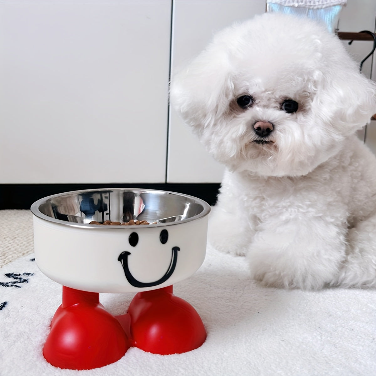 Gamelle surélevée en acier inoxydable pour chat et chien avec motif visage mignon – Gamelle pour animal de compagnie sur pied, anti-basculement, protection des cervicales, gamelle antidérapante pour chats et chiens d'intérieur